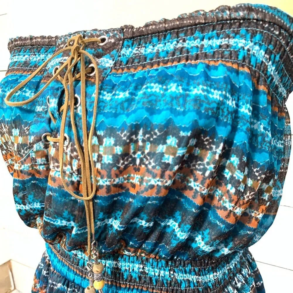 Ya Los Angeles‎ Silk like Strapless Dress Medium Blue Boho Smocked Mini